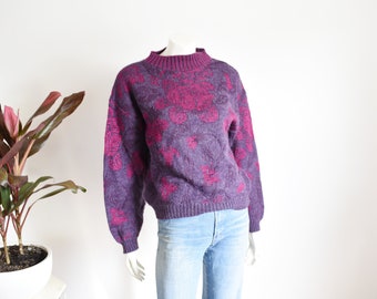 80s Fuchsia Mohair Blend Floral Sweater - S/M