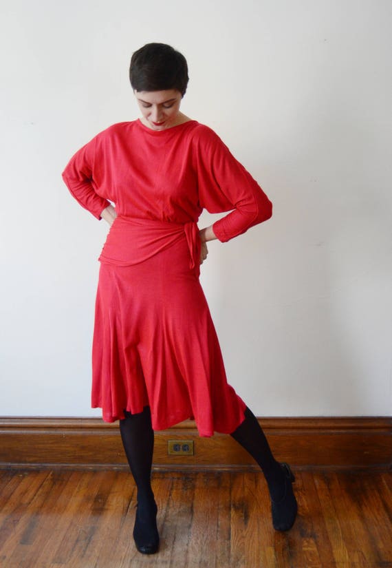 1980s Red Jersey Dress - M - image 10