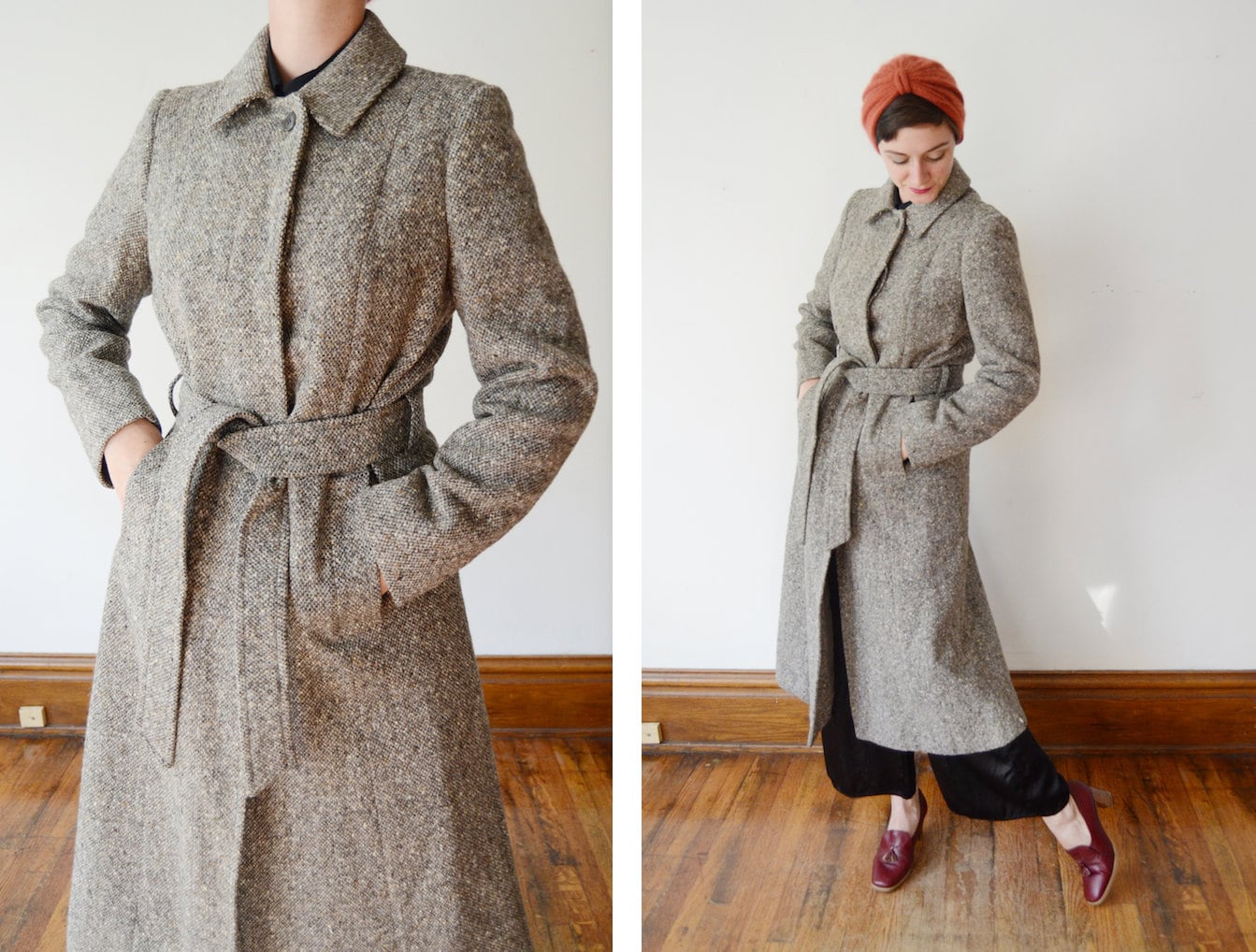 80s Burberrys Irish Tweed Grey Wool Coat - S/M