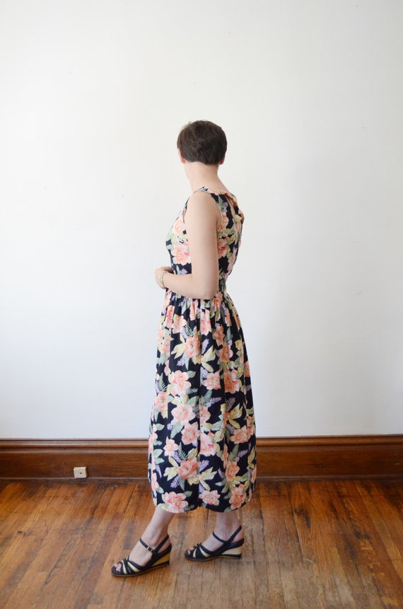 1980s Black Floral Cotton Sundress - S - image 2