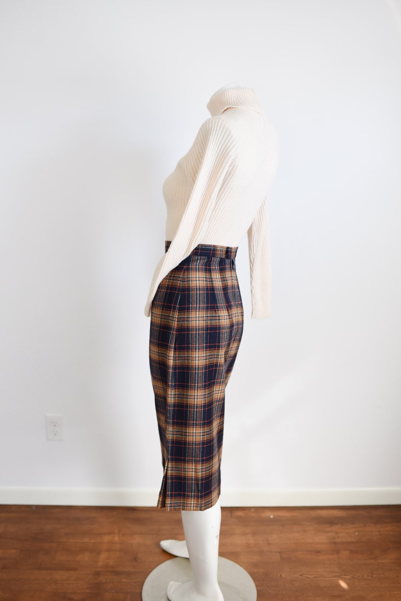 1950s Navy Plaid Pencil Skirt XS image 4