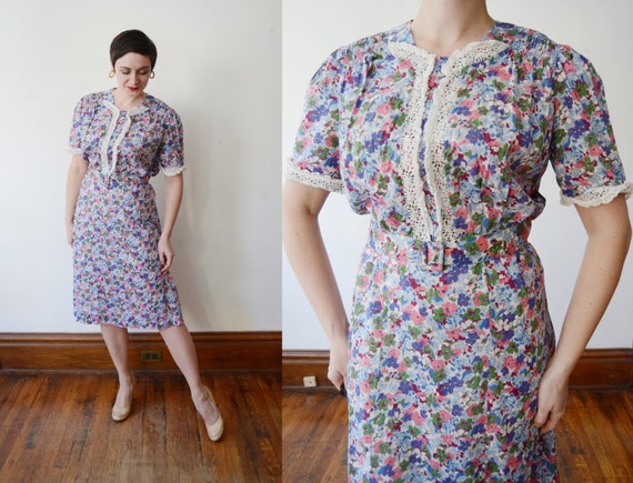 1930s Sheer Floral Dress - L