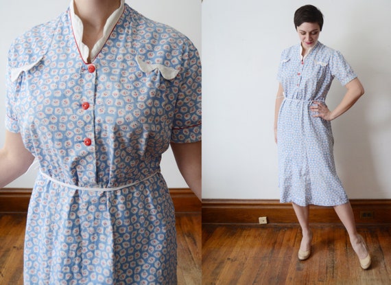 1930s Blue Cotton Dress - L
