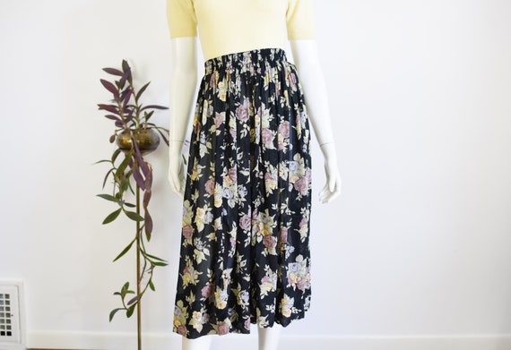 Carole Little 1990s Black Sheer Floral Skirt - M/L