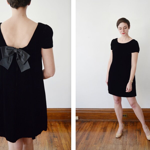 1960s Black Babydoll Velvet Dress - S