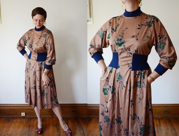 1980s Brown Floral Jersey Dress - M