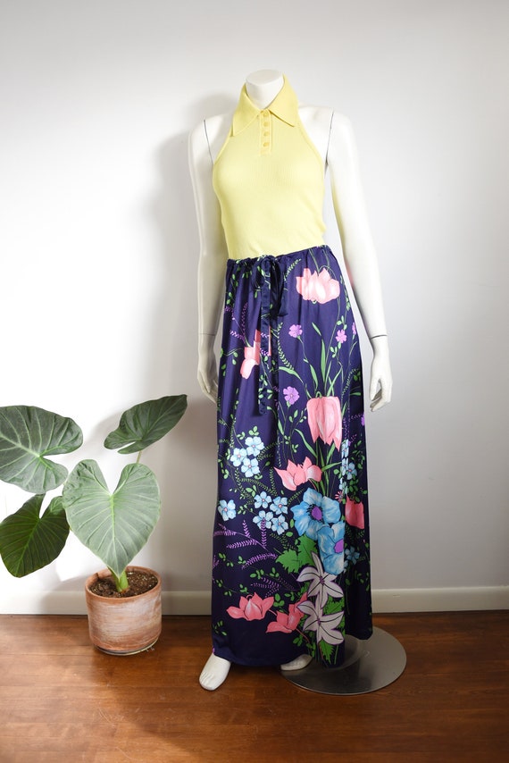 70s Nylon Floral Maxi Skirt - S/M