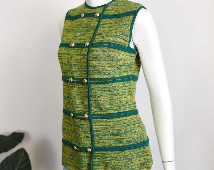 60s Green and Yellow Knit Long Vest - S