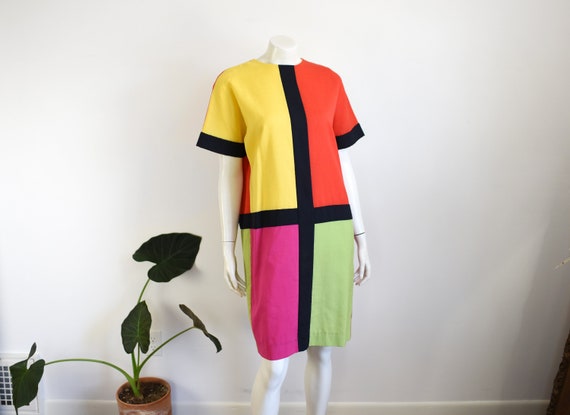 1980s Vibrant Color-Block Dress - M