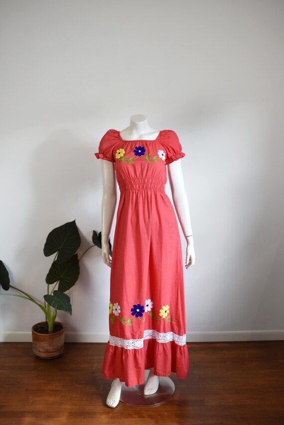 1970s Floral Embroidered Maxi Dress - XS