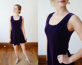 1990s Purple Stretch Velvet Dress - S