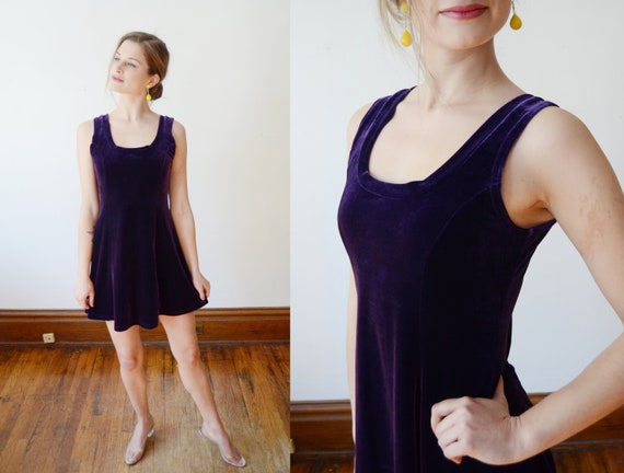 1990s Purple Stretch Velvet Dress - S