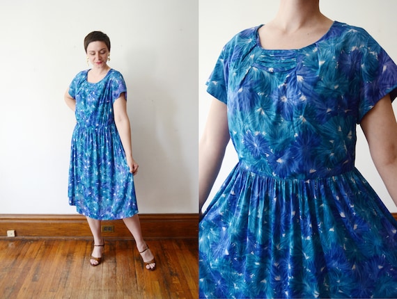 1950s Nylon Jersey Floral Dress - XL