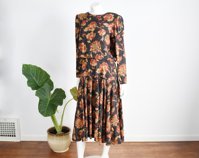 1980s Dark Floral Rayon Dress -  L