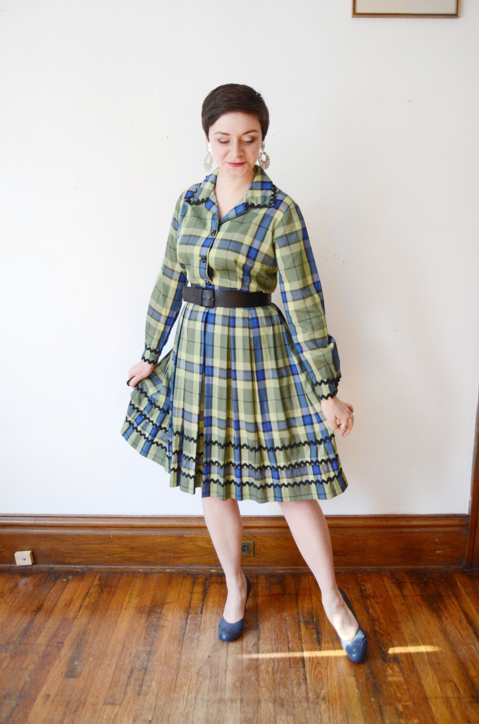 1960s Green Plaid Dress - M