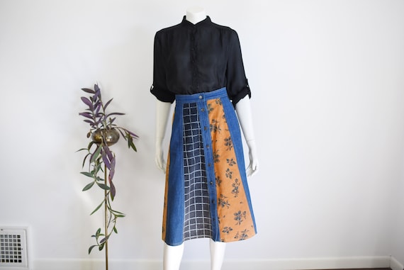 1970s Denim and Leather Skirt - S