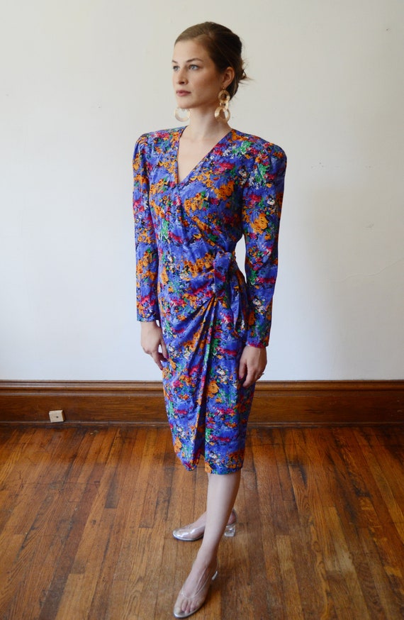 1980s Floral Print Silk Wrap Dress - M - image 6