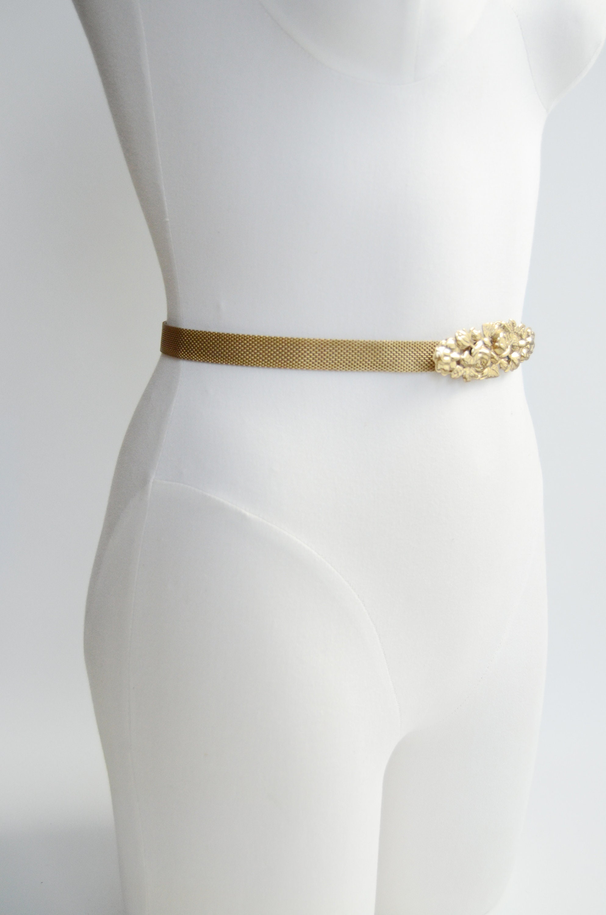 Gold Metal Mesh Belt with Rose Buckle