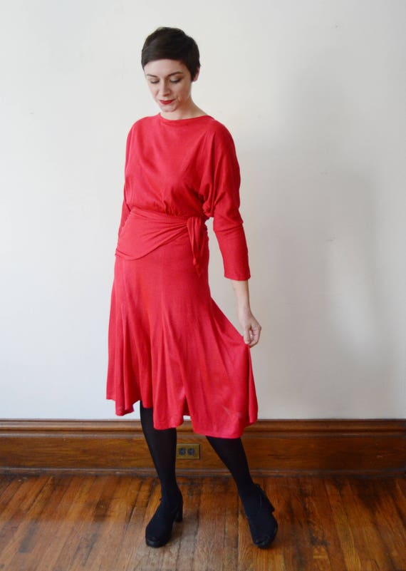 1980s Red Jersey Dress - M - image 5