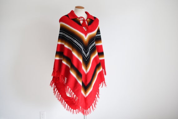 1970s Knit Red Poncho - S/M/L - image 4
