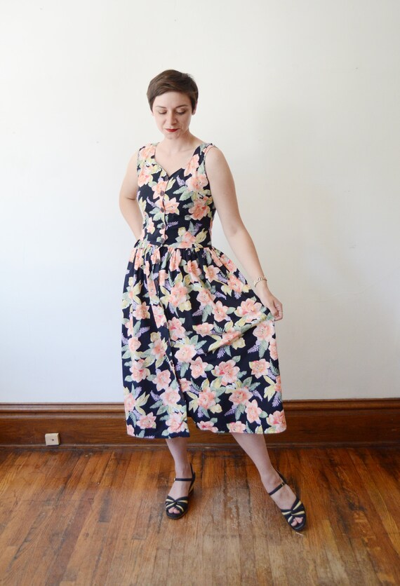 1980s Black Floral Cotton Sundress - S - image 4