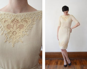 Embroidered 1950s Tan Linen Dress - S