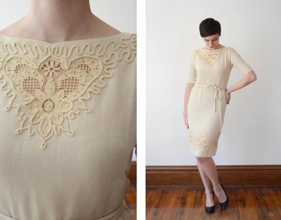 Embroidered 1950s Tan Linen Dress - S