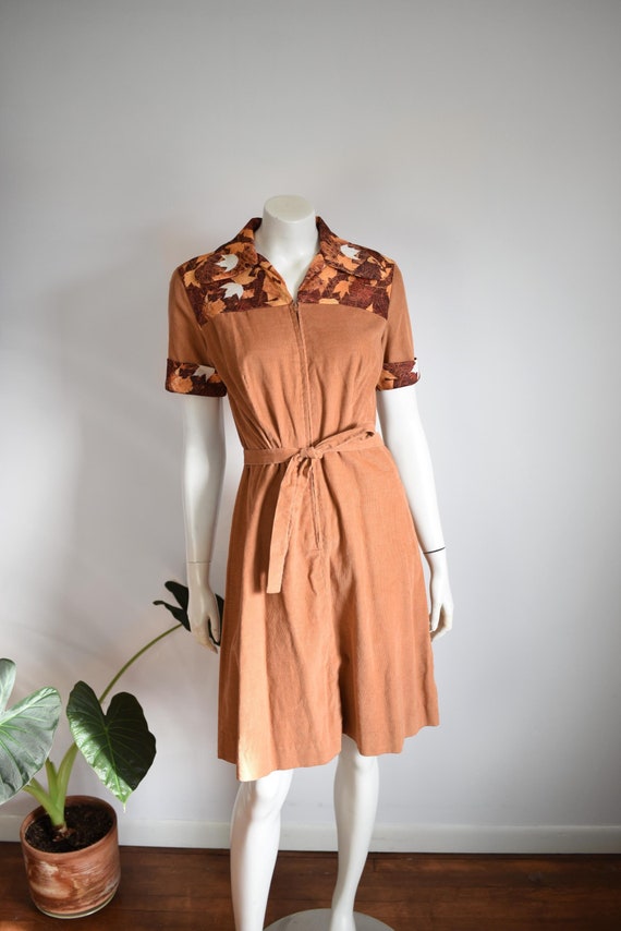 1970s Corduroy and Fall Leaves Dress - M/L