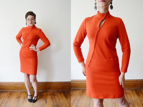1960s Orange Knit Skirt Suit - S