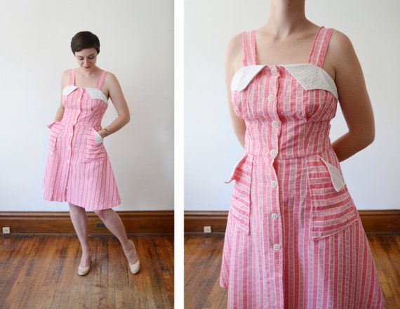 1970s Pink and White Sundress - S