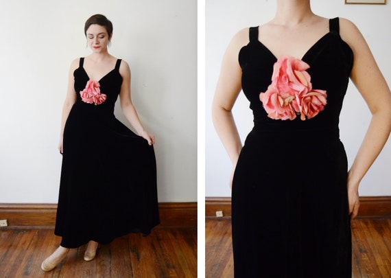 1930s Black Velvet Gown with Pink Silk Flowers - S