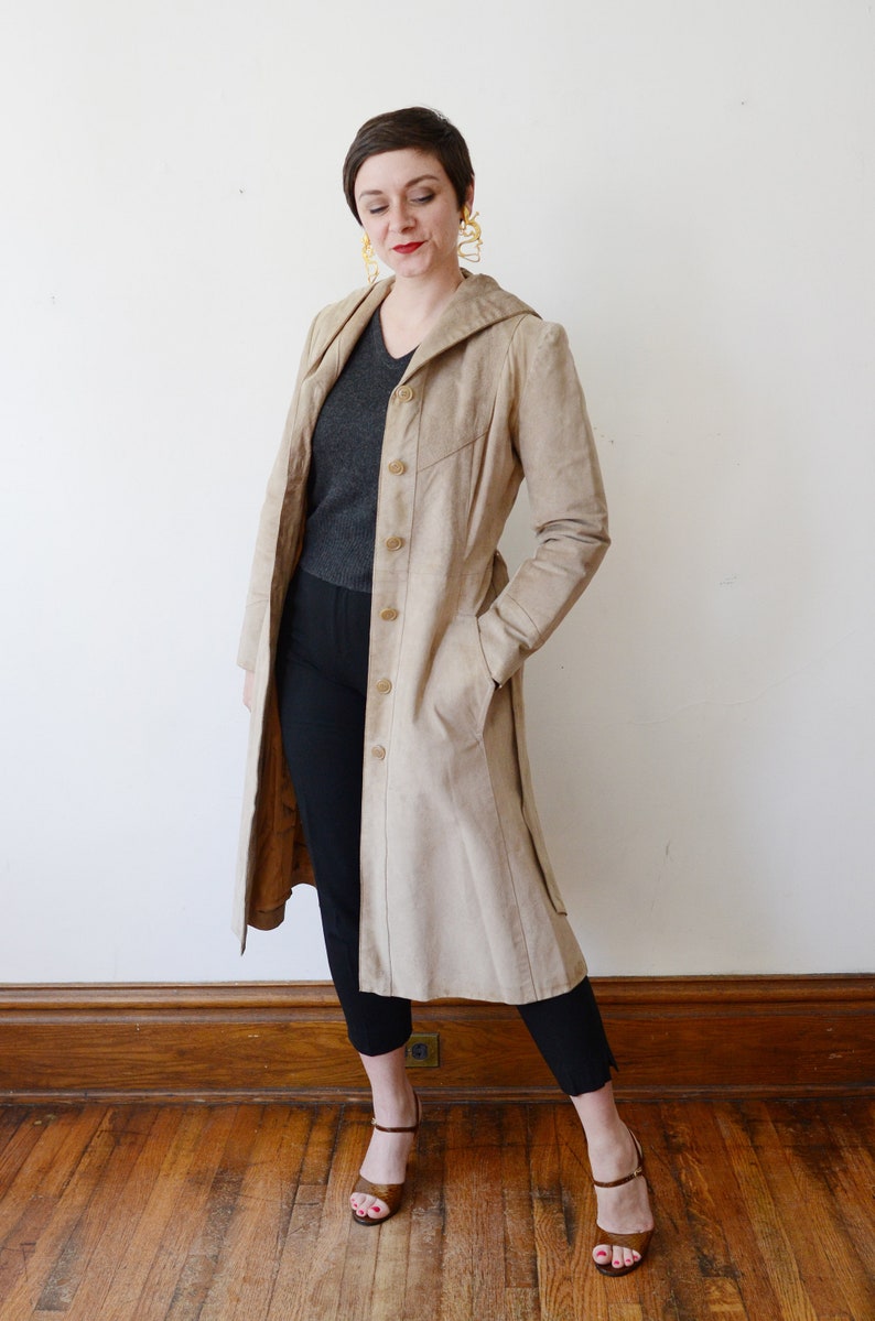 XSS 1970s Tan Leather Hooded Trench Coat