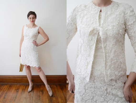 1960s White Ribbon Soutache Dress and Jacket - M