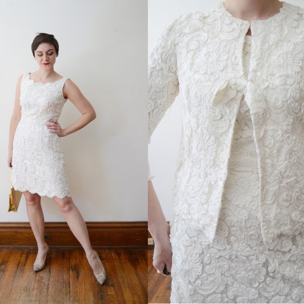 1960s White Ribbon Soutache Dress and Jacket - M