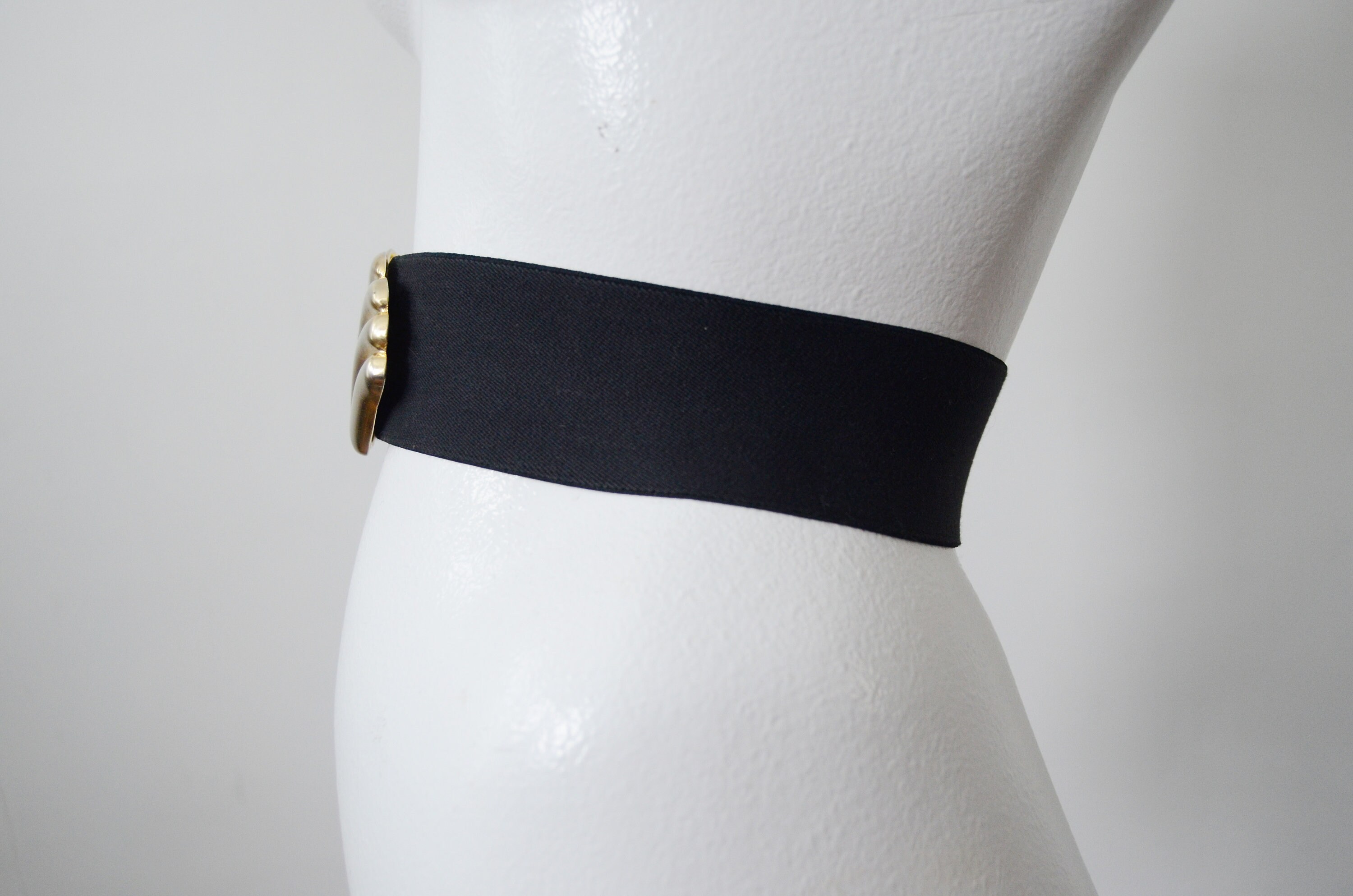 1980s Black Elastic Belt with Gold Buckle S