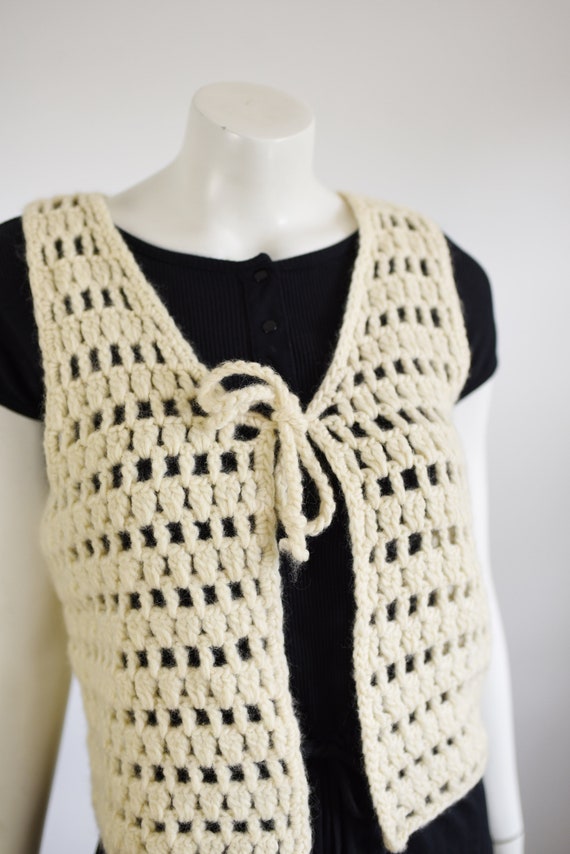 1970s Cream Wool Crochet Vest - S - image 2