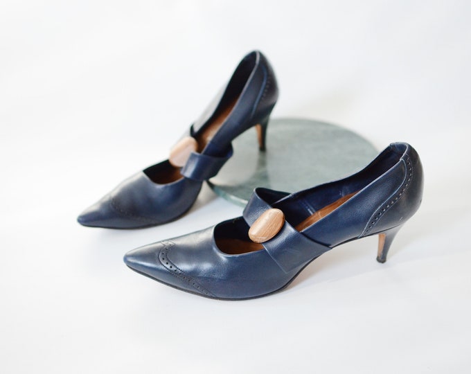 1950s Navy Leather High Heel Pumps 6.5