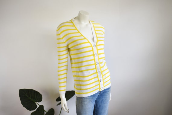 70s Yellow and White Striped Cardigan Deadstock - S