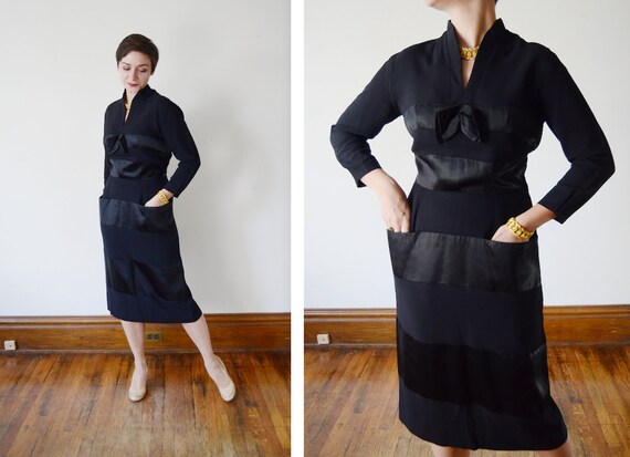 1950s Black Crepe and Satin Striped Party Dress - M
