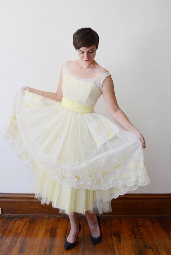 1950s White and Yellow Embroidered Dress - S - image 4