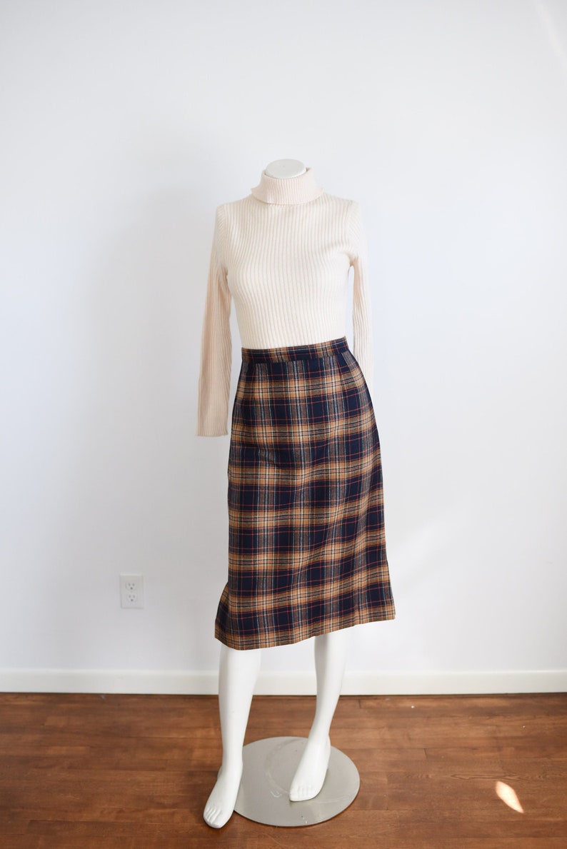 1950s Navy Plaid Pencil Skirt XS image 1