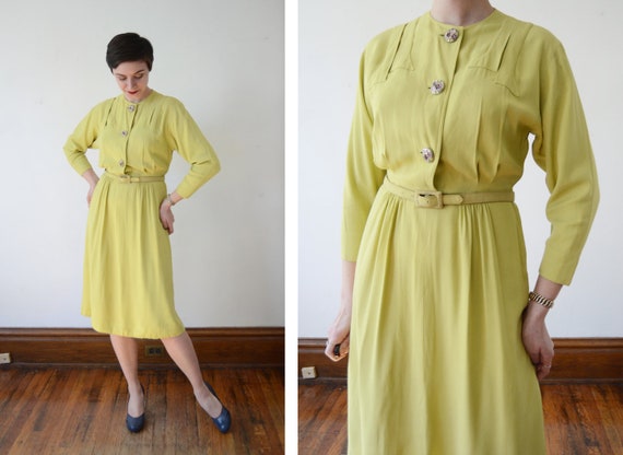 1940s Chartreuse Crepe Dress - S/M