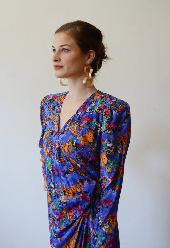 1980s Floral Print Silk Wrap Dress - M - image 3