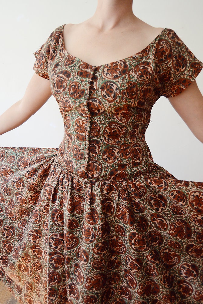 1950s Boat Neck Brown and Green Party Dress M