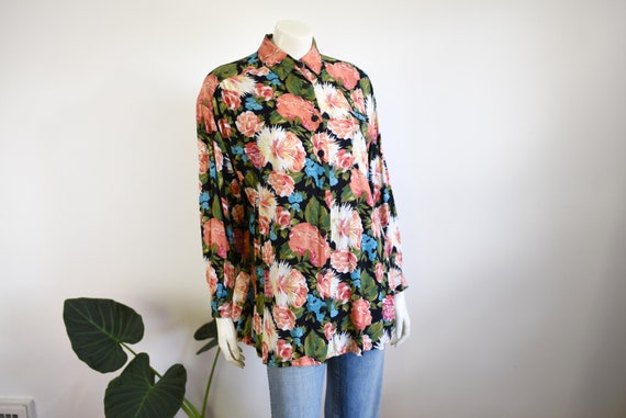 SALE 90s Floral Rayon Blouse - M