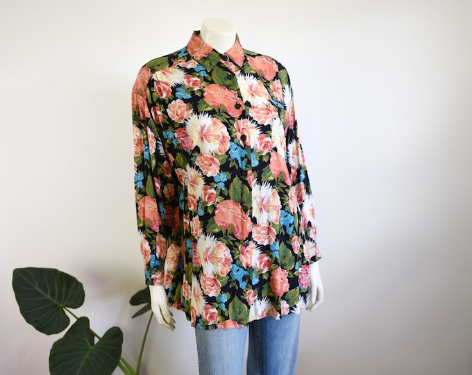 90s Floral Rayon Blouse - M