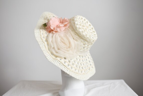 70s Cream Floral Wide Brim Sunhat