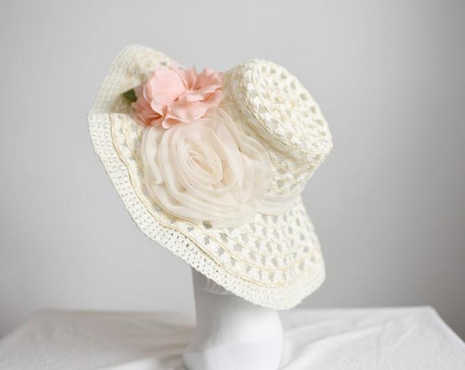 70s Cream Floral Wide Brim Sunhat