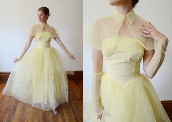 1950s Yellow Tulle Dress with Capelet - XS