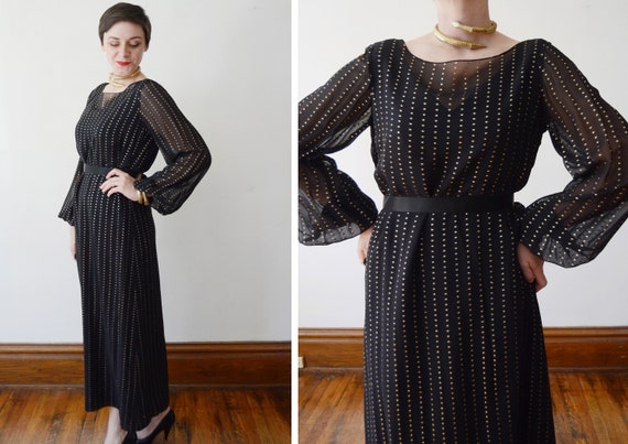 1970s Black and Gold Disco Dress with Bell Sleeve… - image 1